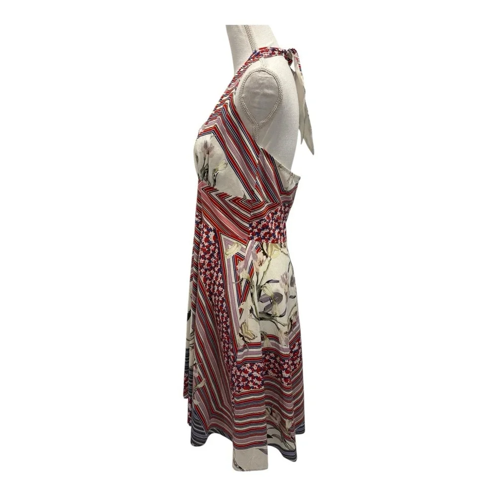 Alexia Admit Dress Women 12 Red Multi Halter Backless Striped Floral Lined Flare